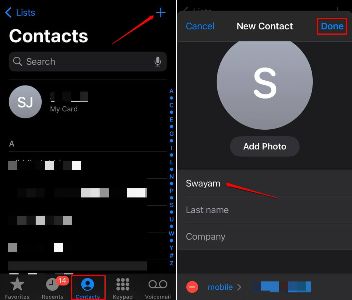 adding a contact on iPhone