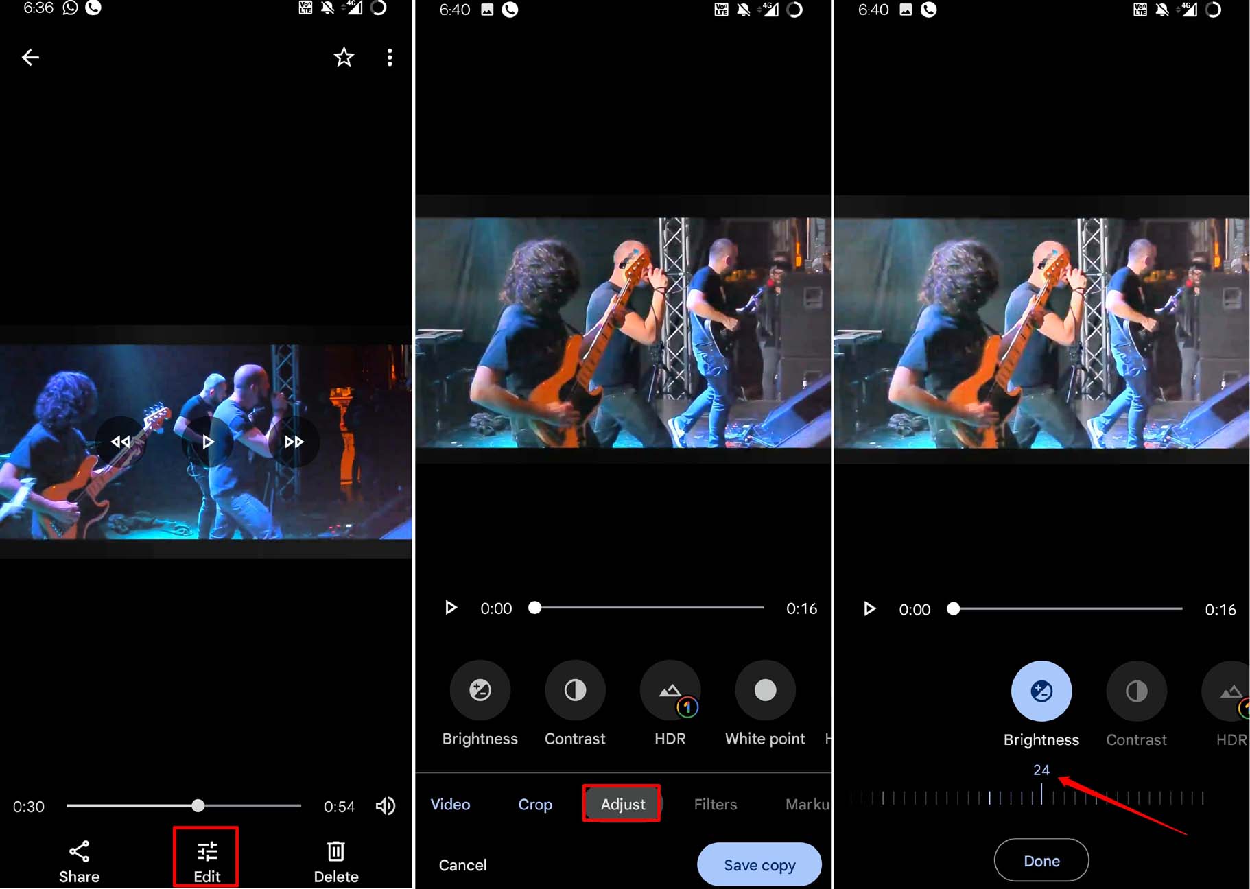 adjust brightness and contrast in a video in Google Photos
