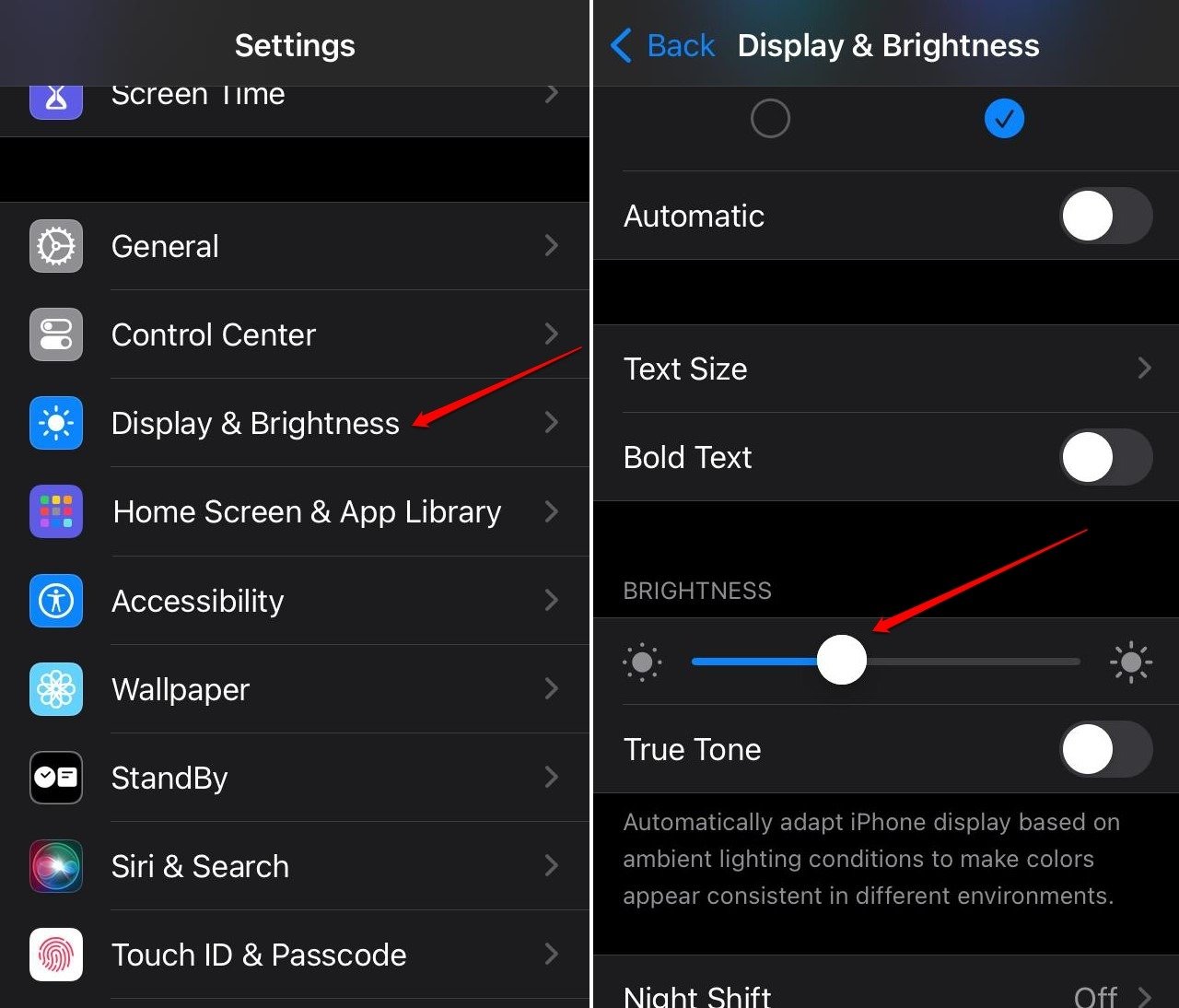 adjust display brightness manually on iOS