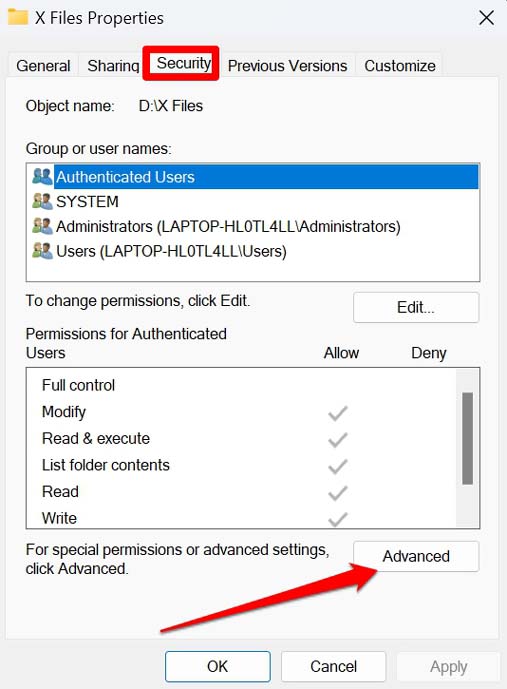 advanced security settings of folder Windows 11