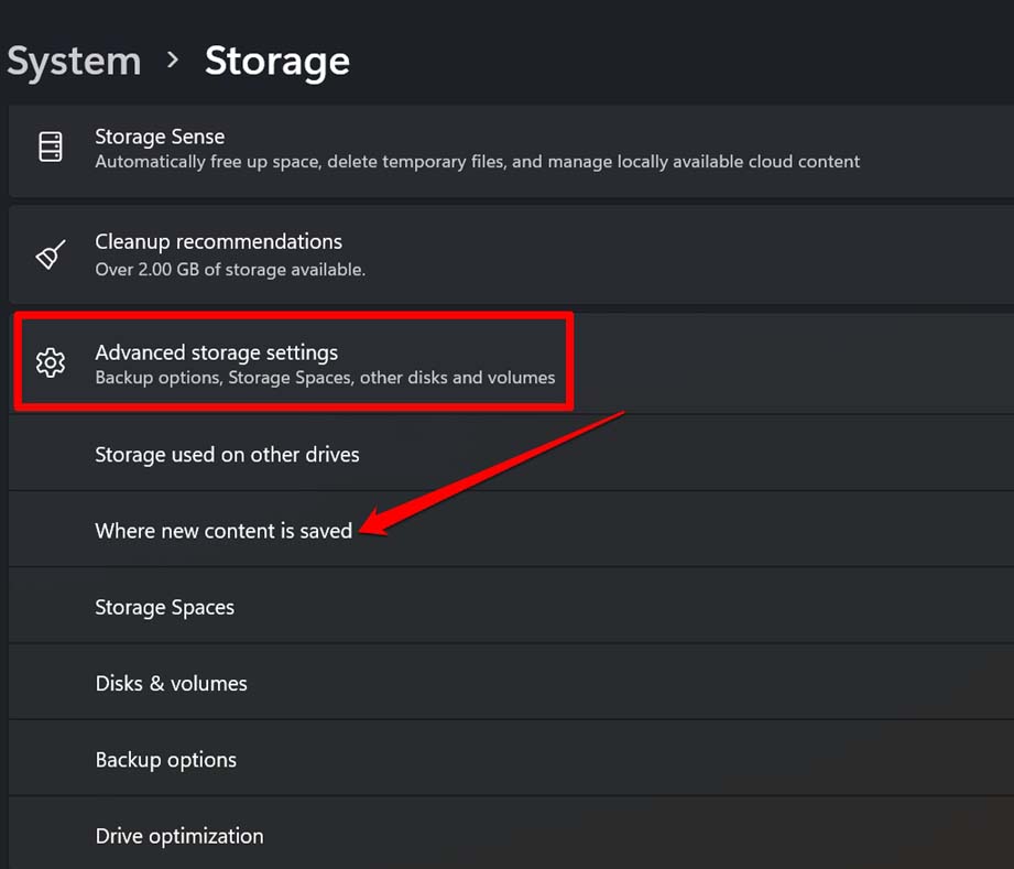 advanced storage settings Windows OS