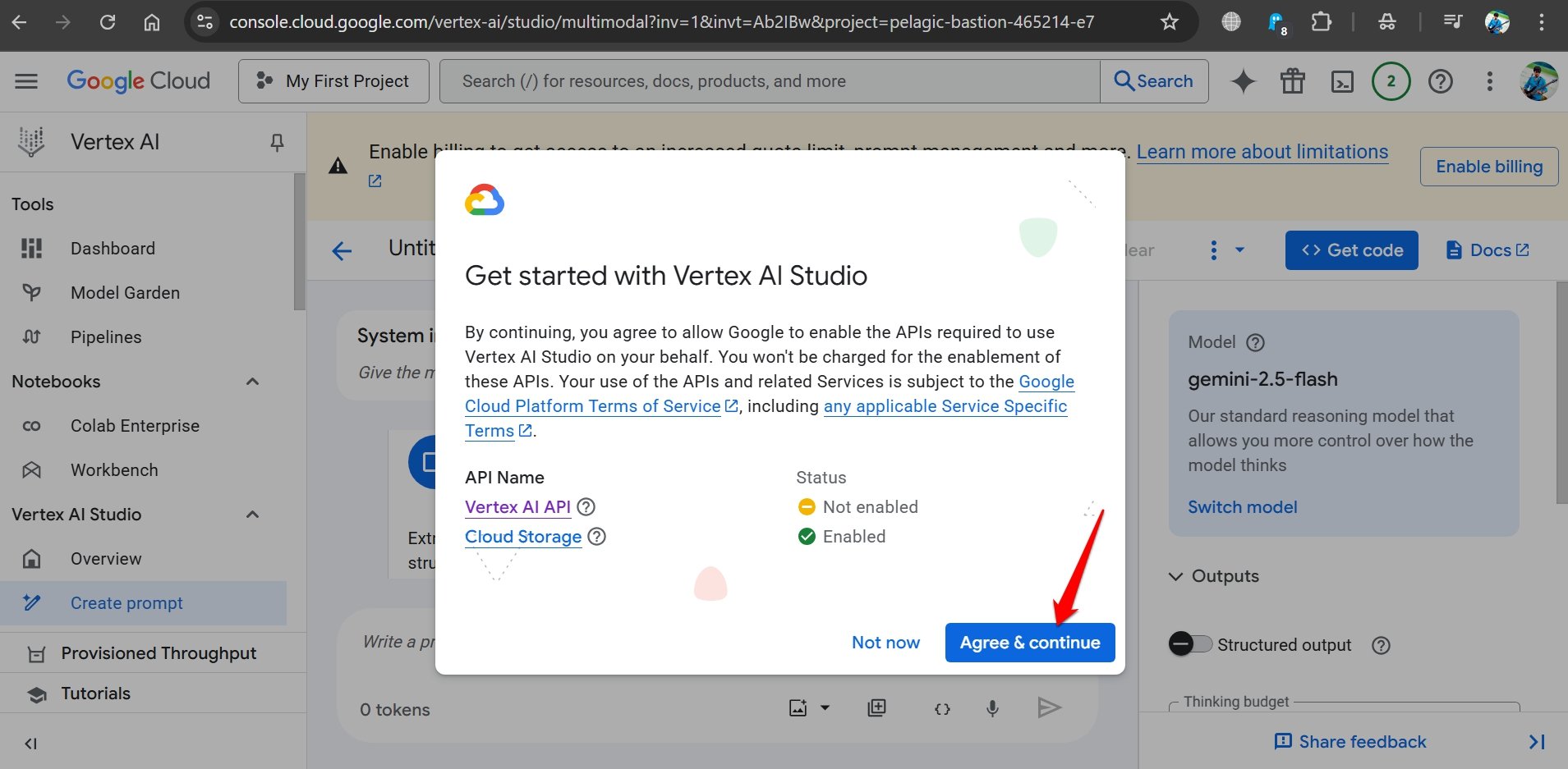 agree and continue after enabling Vertex AI API