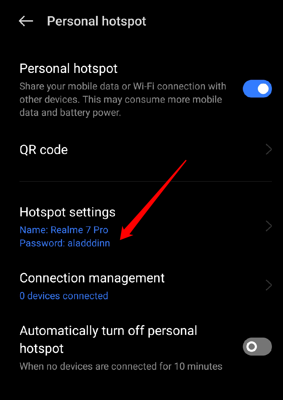 Select Hotspot settings to view the password.