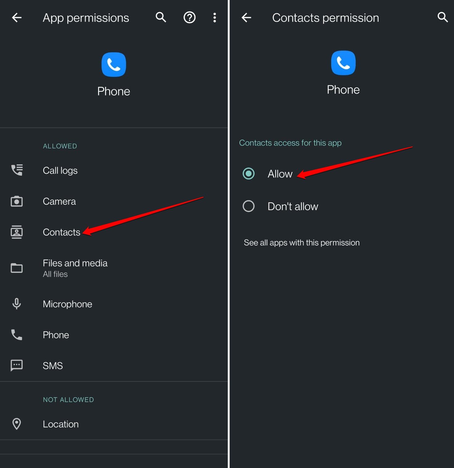 allow phone app to access Contacts