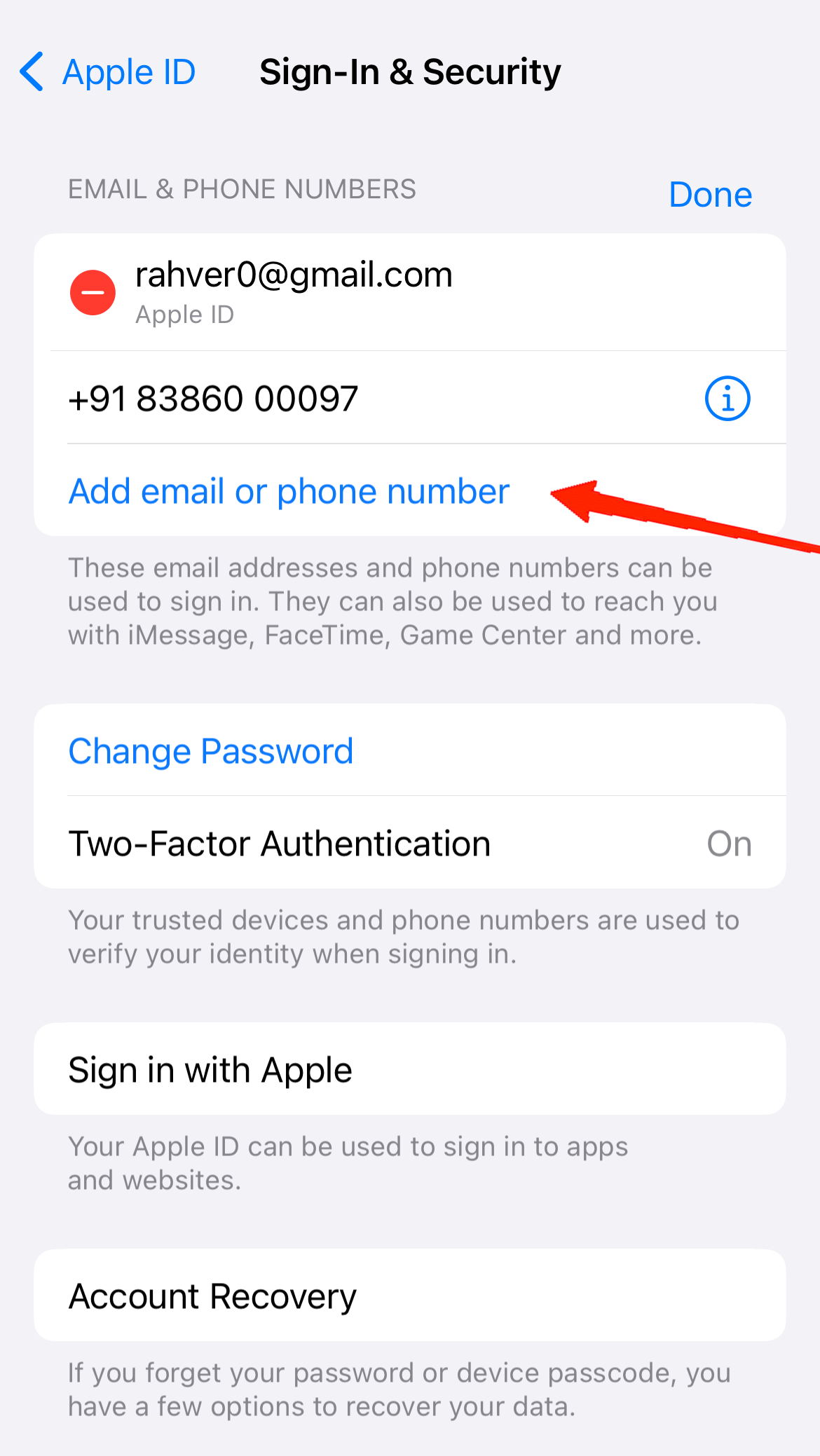 Simply tap on the "Add email or phone number