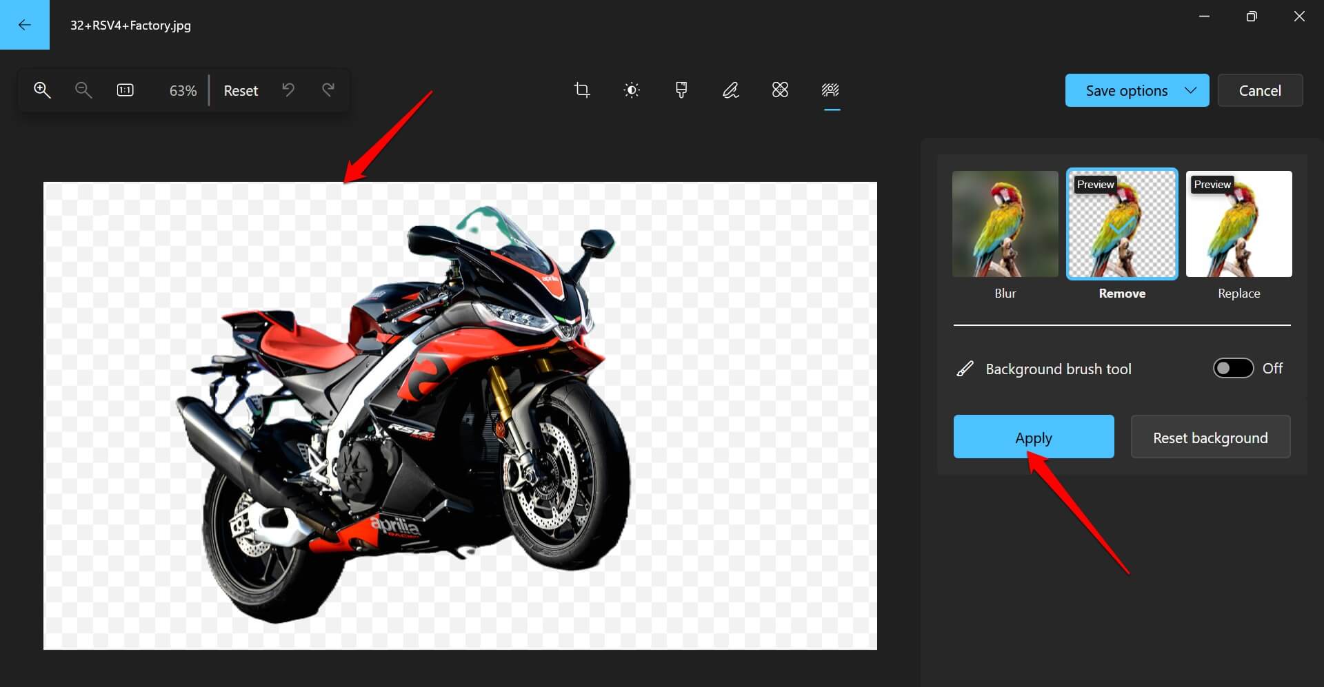 apply the changes to the image background removal