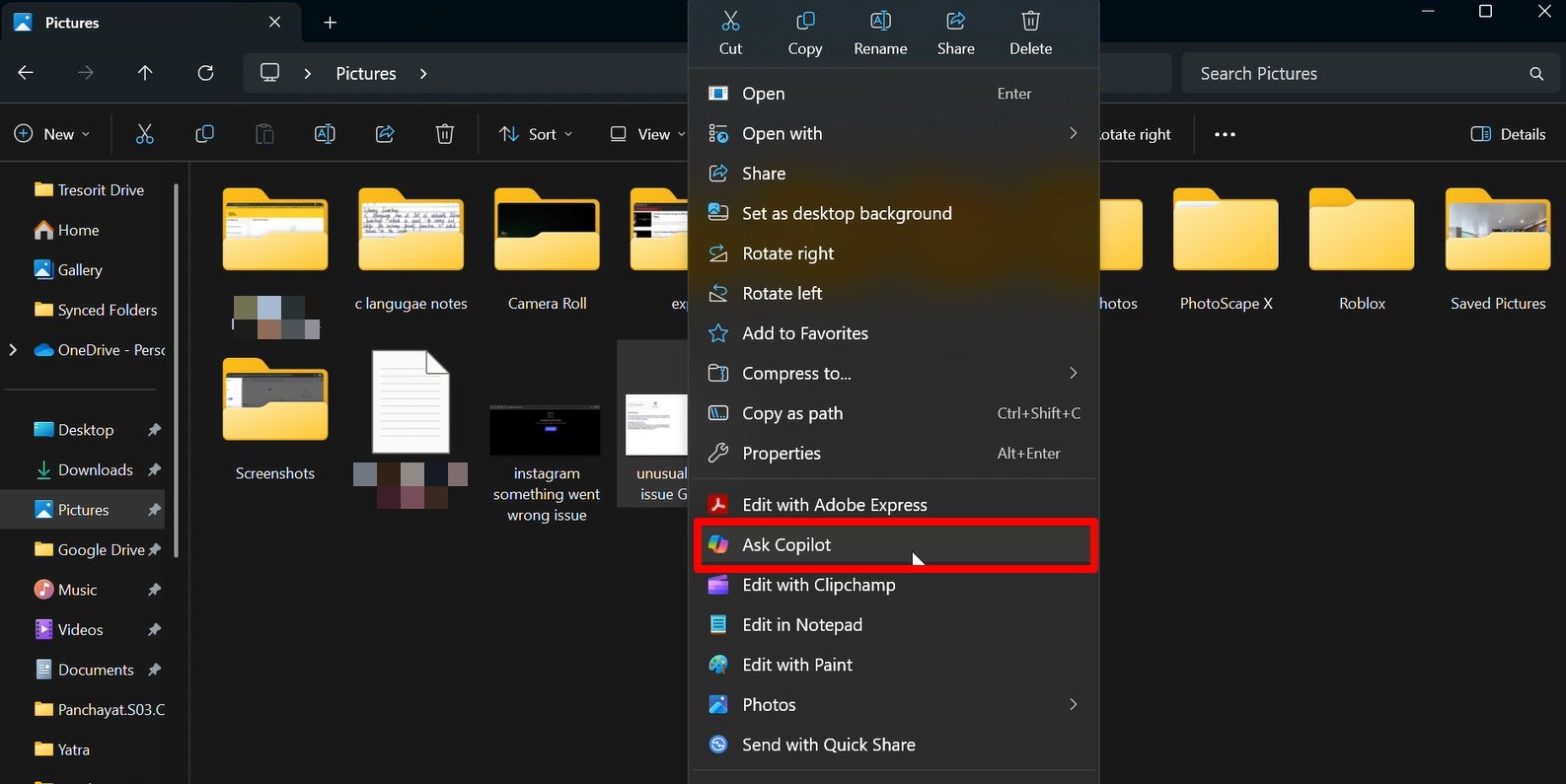ask copilot in File explorer menu