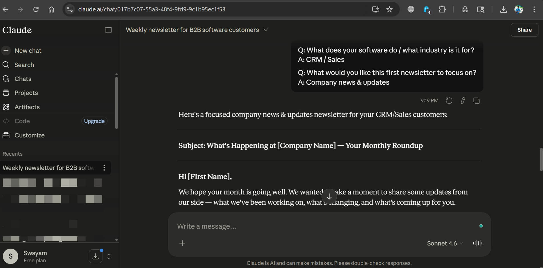 asking claude to draft a sample newsletter