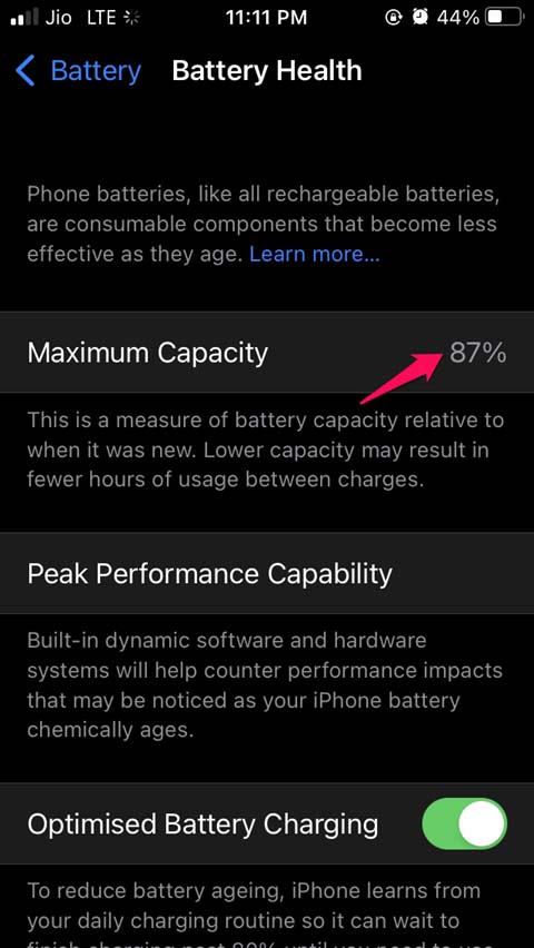 battery health capacity iOS