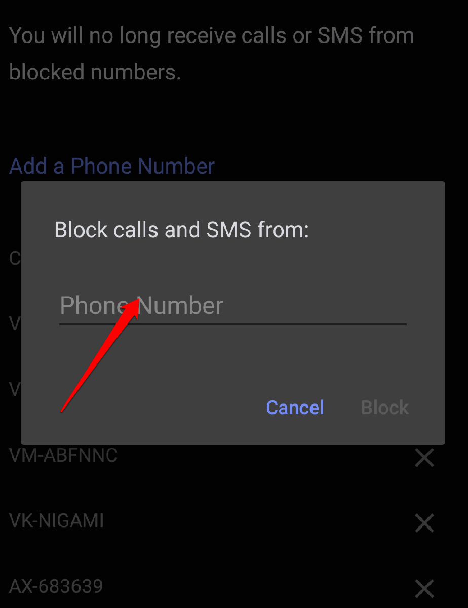 Введите номер, который хотите заблокировать, и нажмите «Заблокировать».