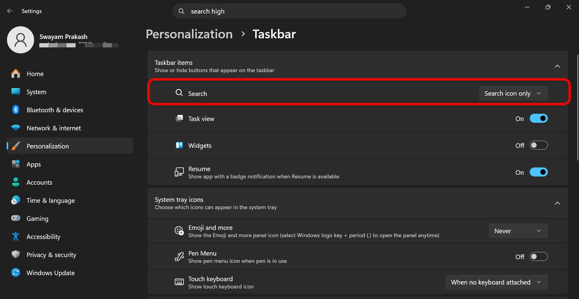 change searchbox to search icon only Windows 11 taskbar settings