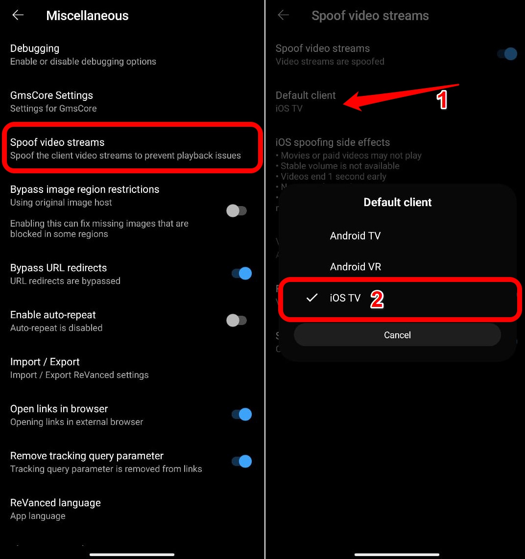 change the default client of YouTube revanced