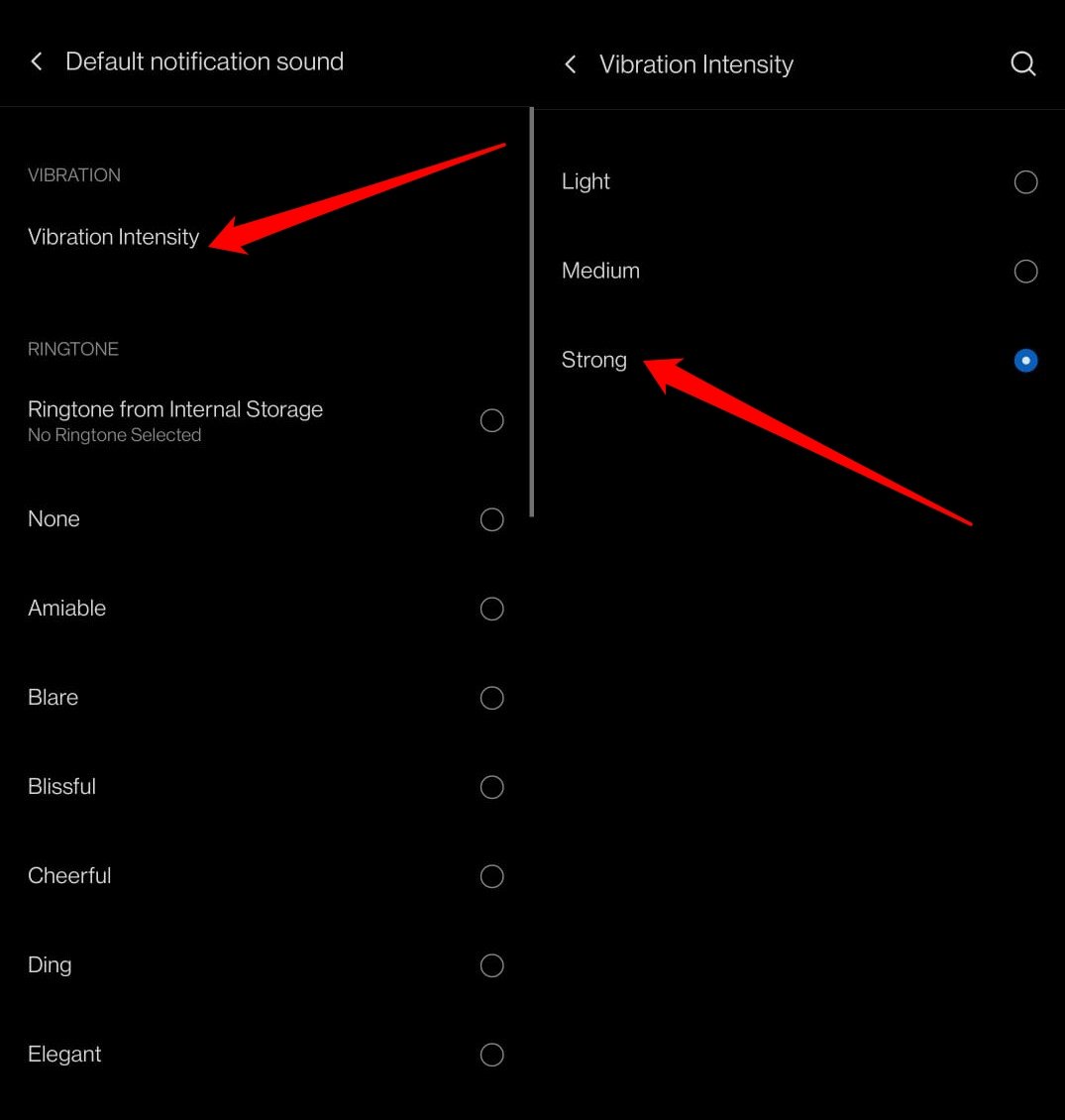 change vibration intensity of default notifications on Android