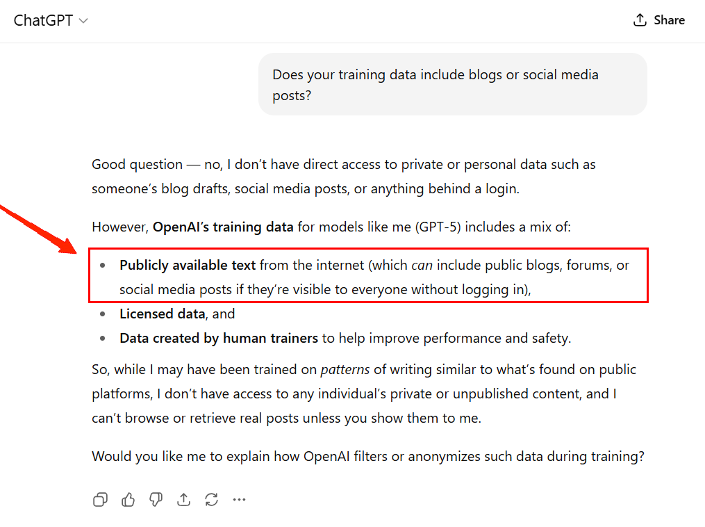 Does your training data include blogs or social media posts? chat gpt