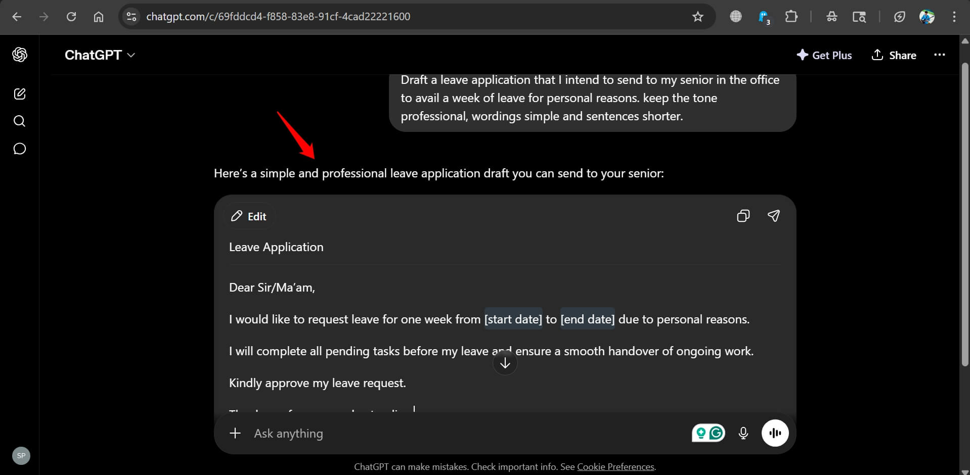 chatGPT drafts a letter based on user prompt