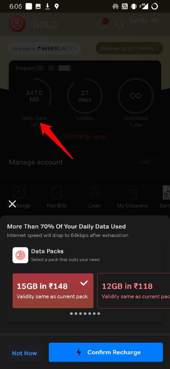 check data plan on Android device