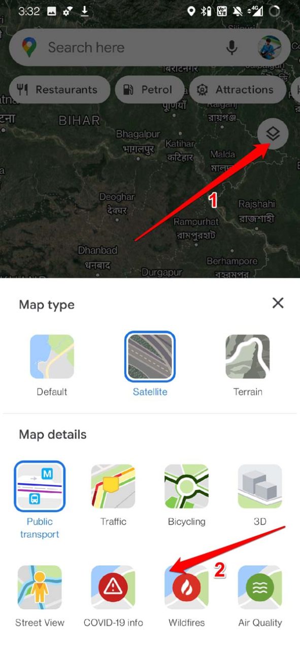 check for wildfires on Google Map smartphone