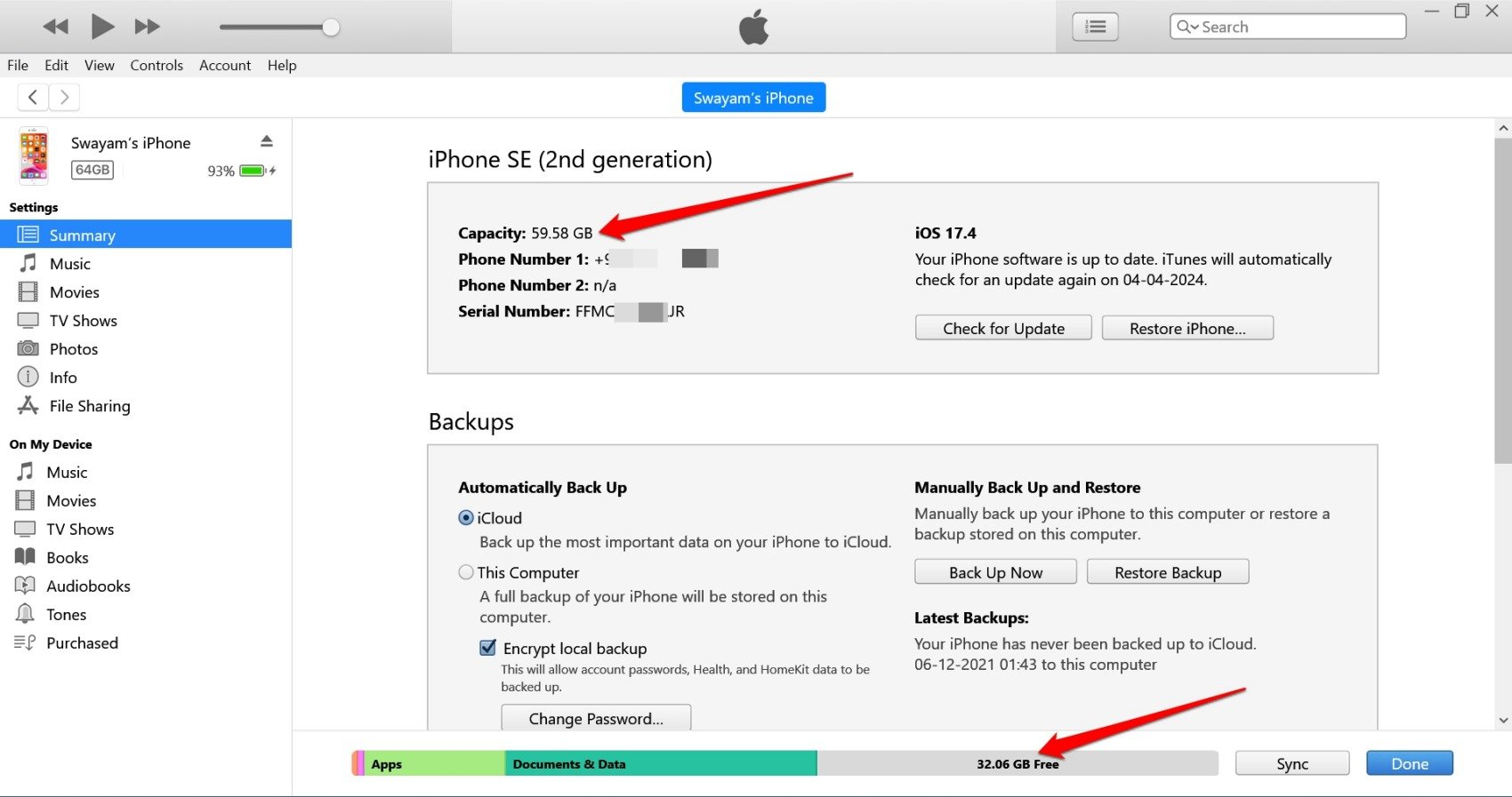 проверить память iPhone с помощью iTunes