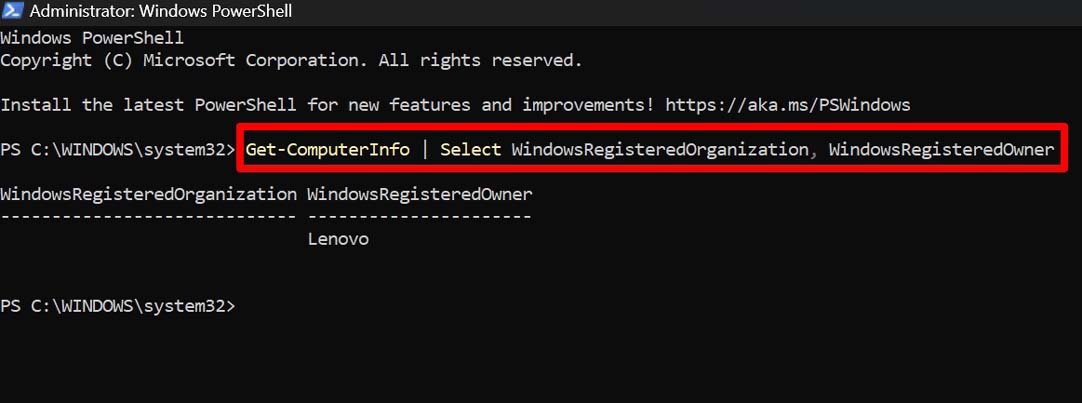 check registered organization in Windows 11 using PowerShell