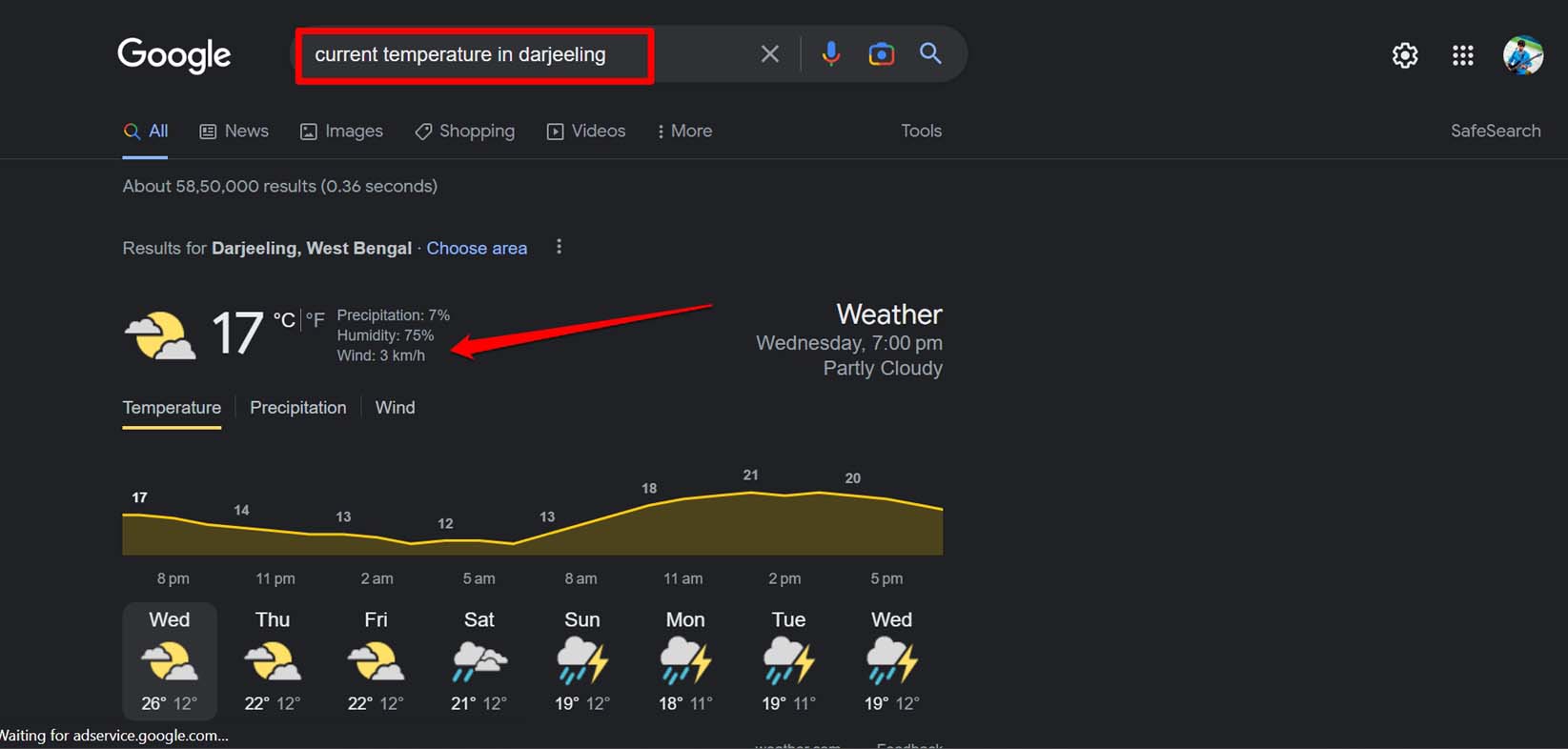 check weather details using Google search on Windows