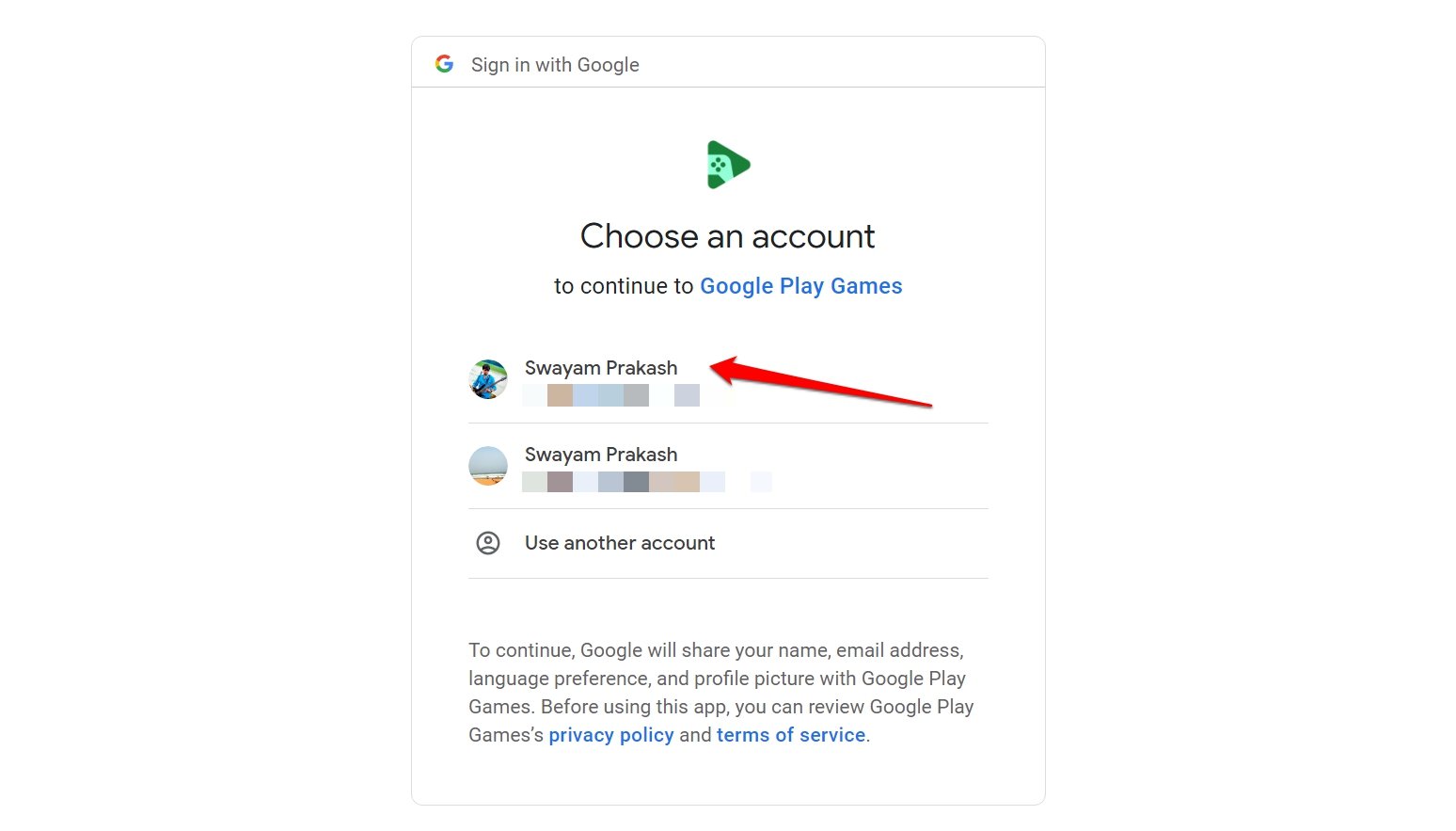 choose an account to sign into Google Play Games