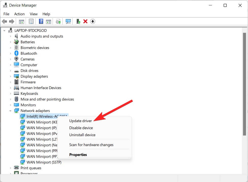 choose update driver option from the context menu