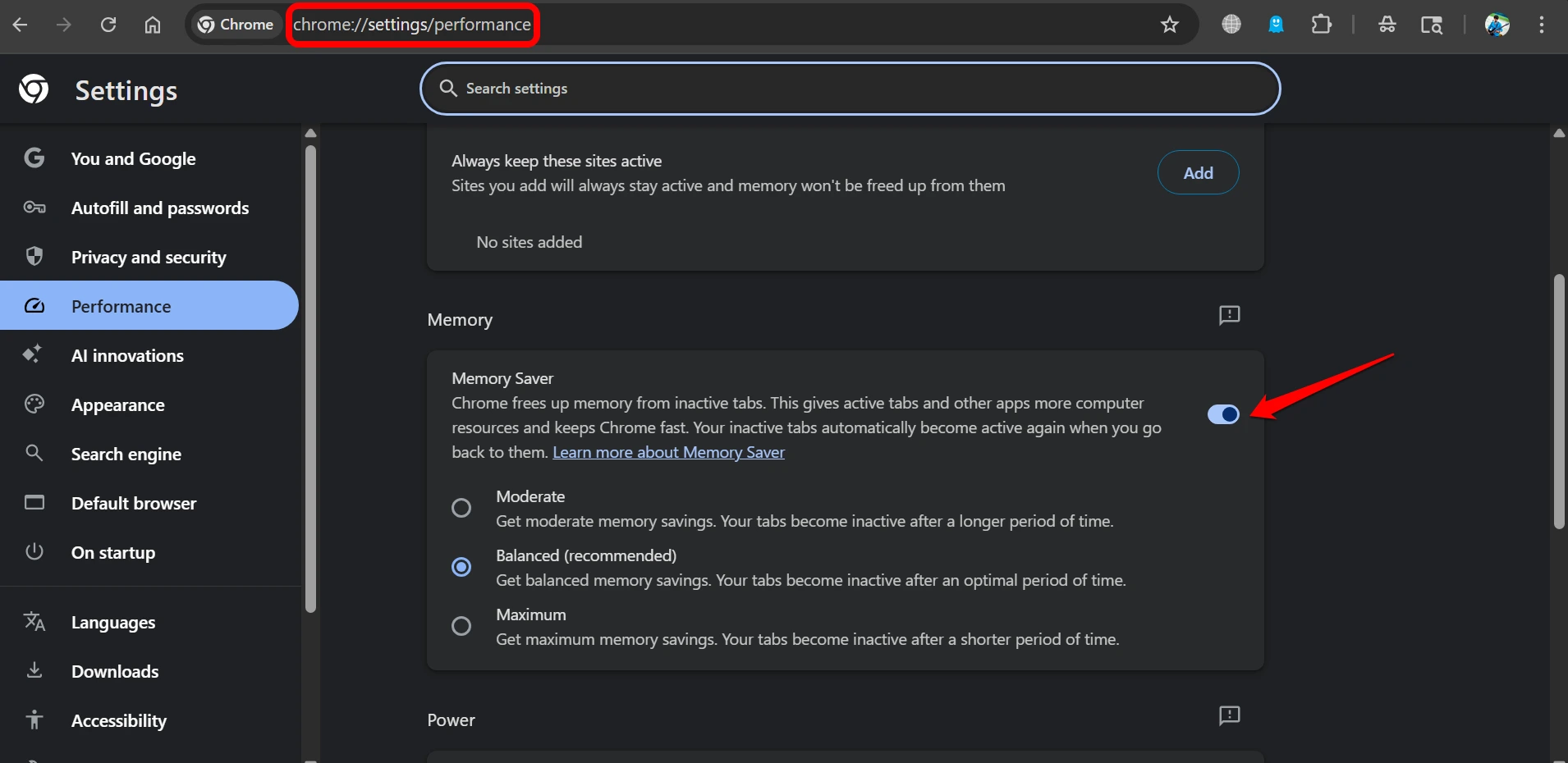 chrome memory saver feature