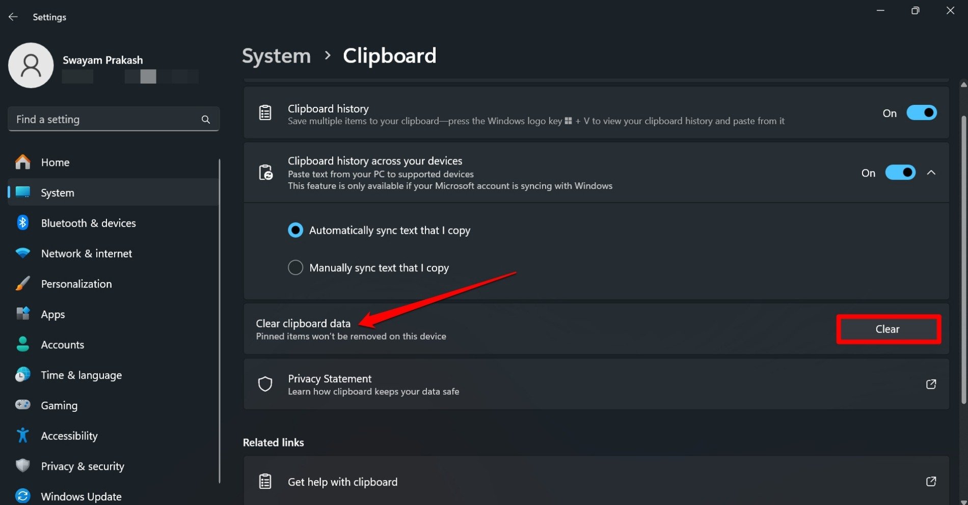 clear clipboard data in Windows 11 settings