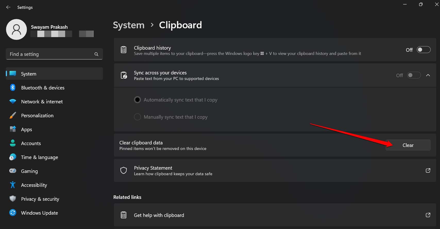 clear clipboard history from the Settings app in Windows