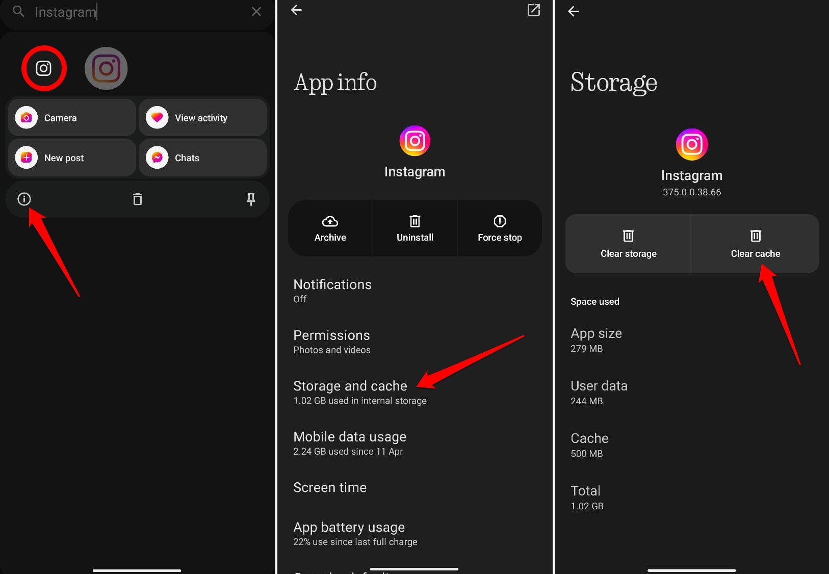 clear instagram cache on android 15