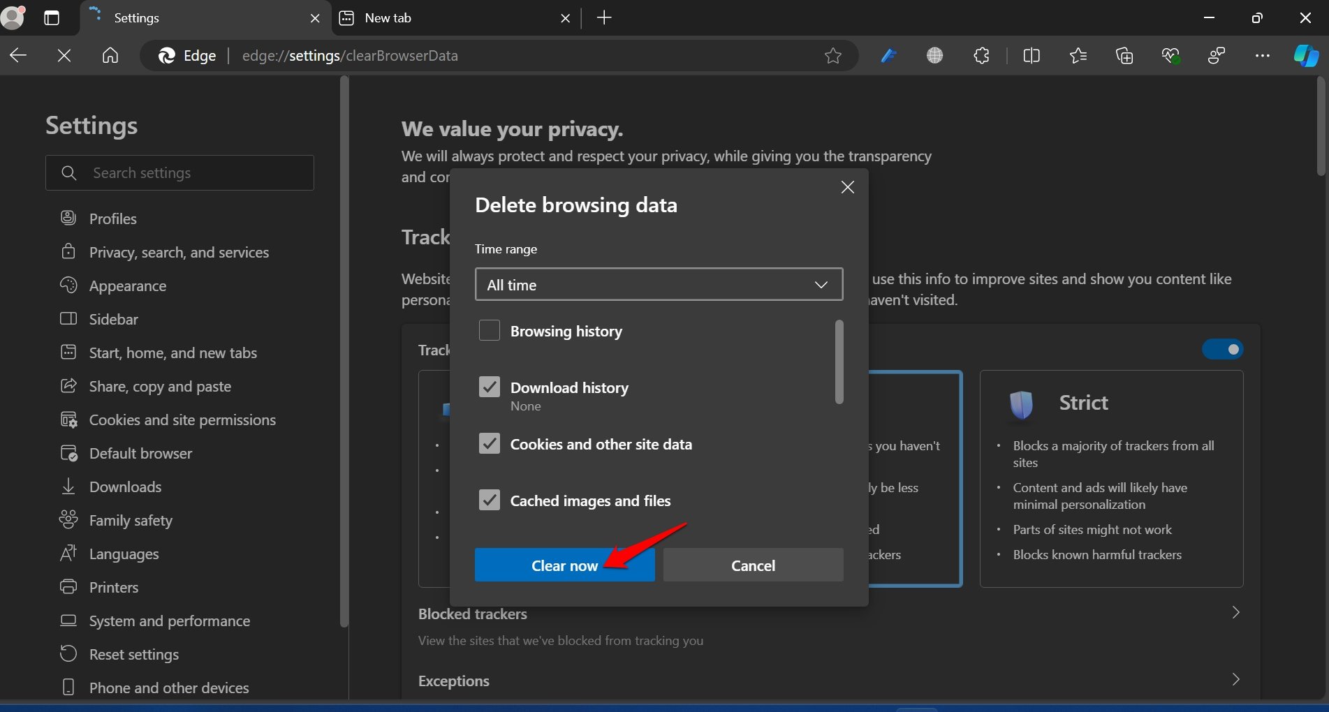 clear the browsing data on Edge browser