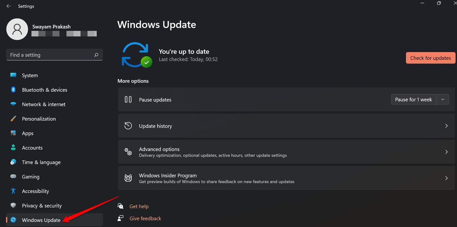fare clic su Windows Update