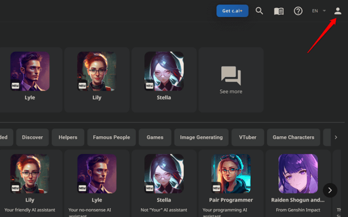 Click the avatar icon on the Character AI home page