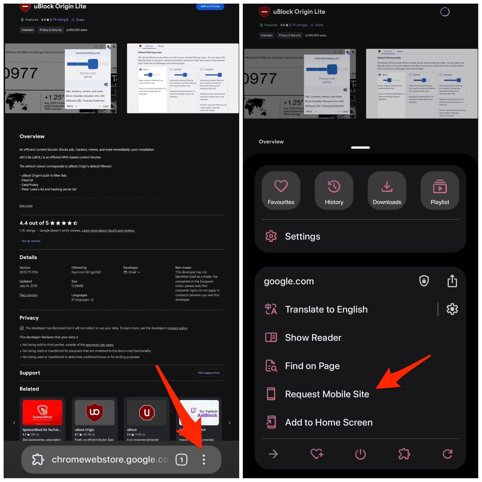 click on the 3-dot menu icon and select 'Request desktop site'