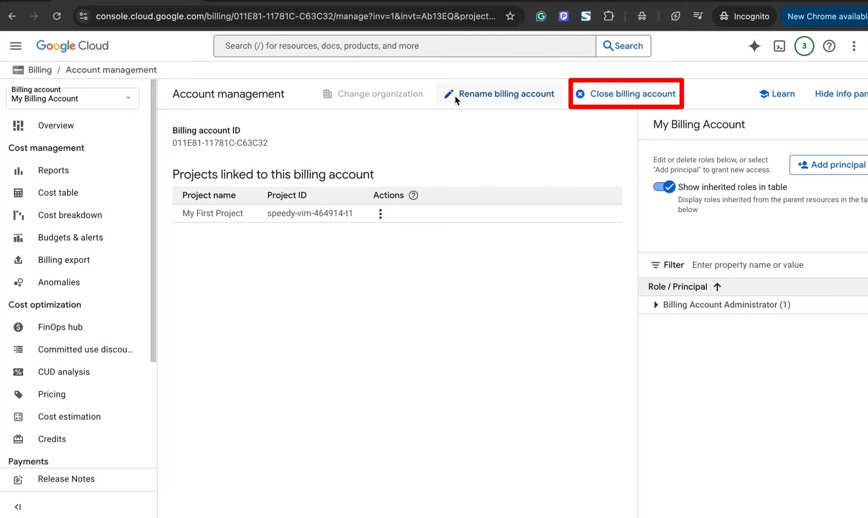 close google cloud billing account