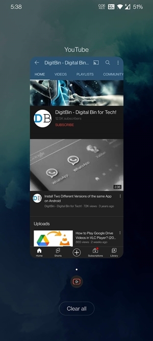 close youtube from recents app section on android