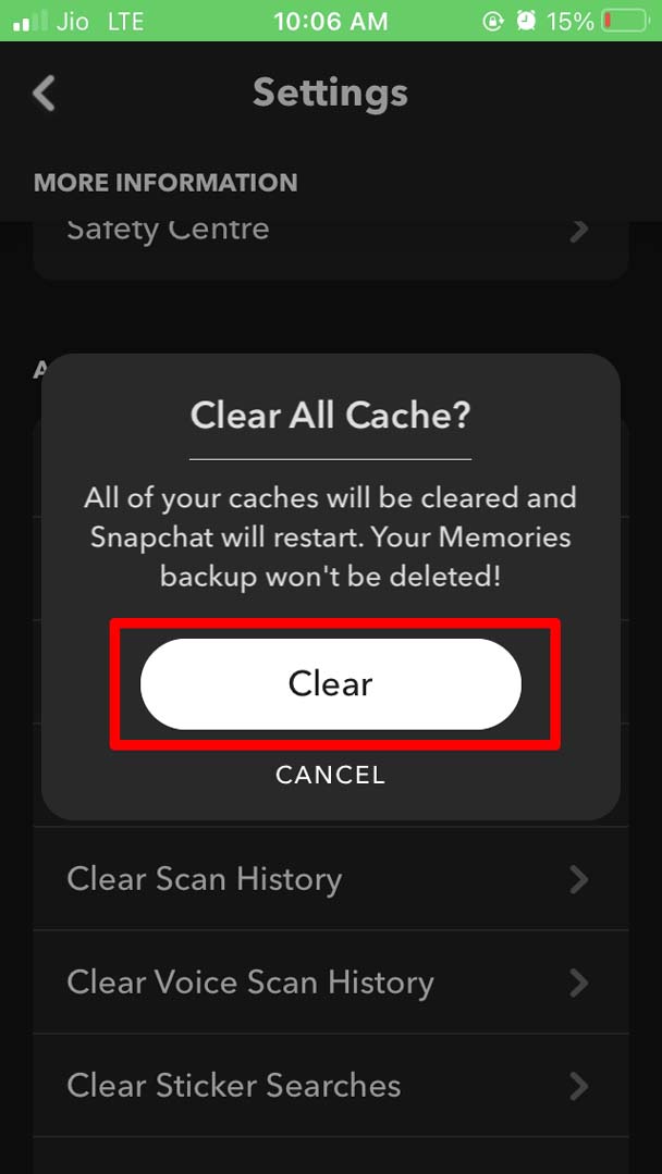 confirm Snapchat cache clear