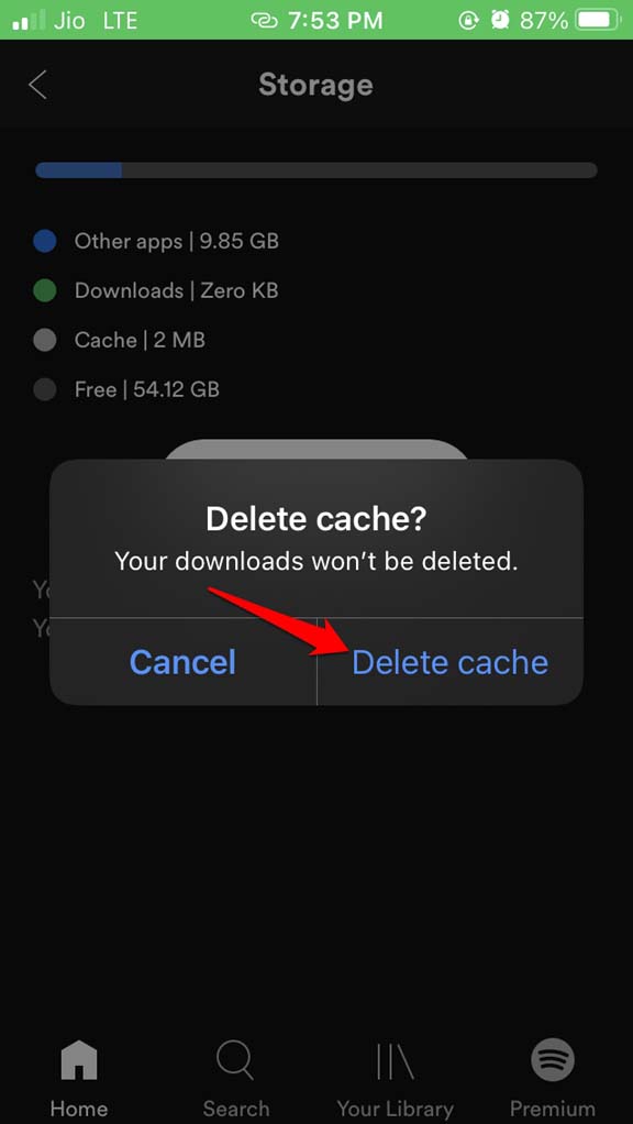 confirm cache clear Spotify for iOS