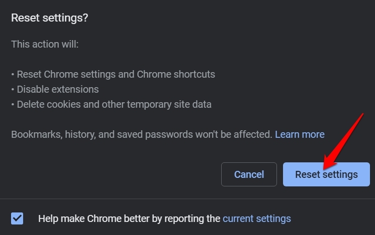 confirm reset settings for Chrome browser