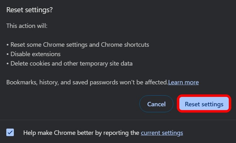 confirm resetting of chrome