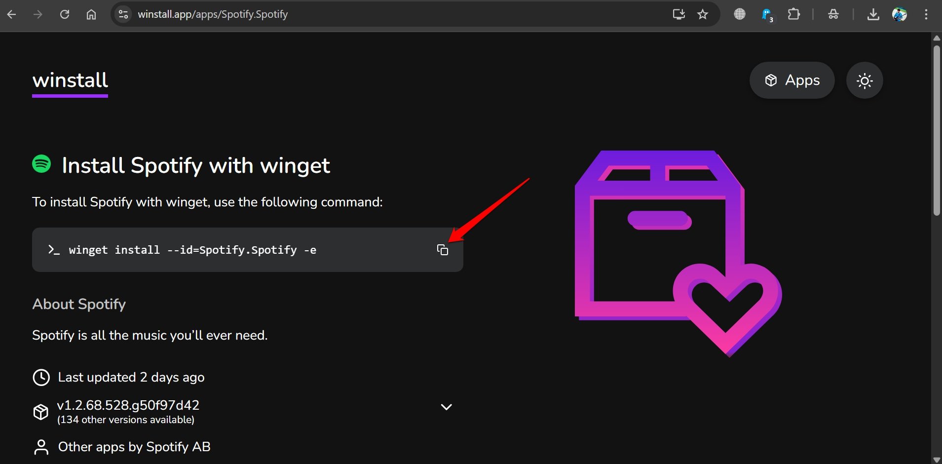 copy winget install code for app package