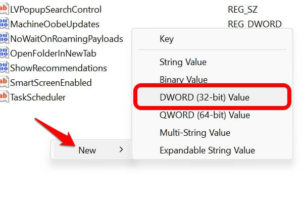 create DWORD value in explorer registry settings