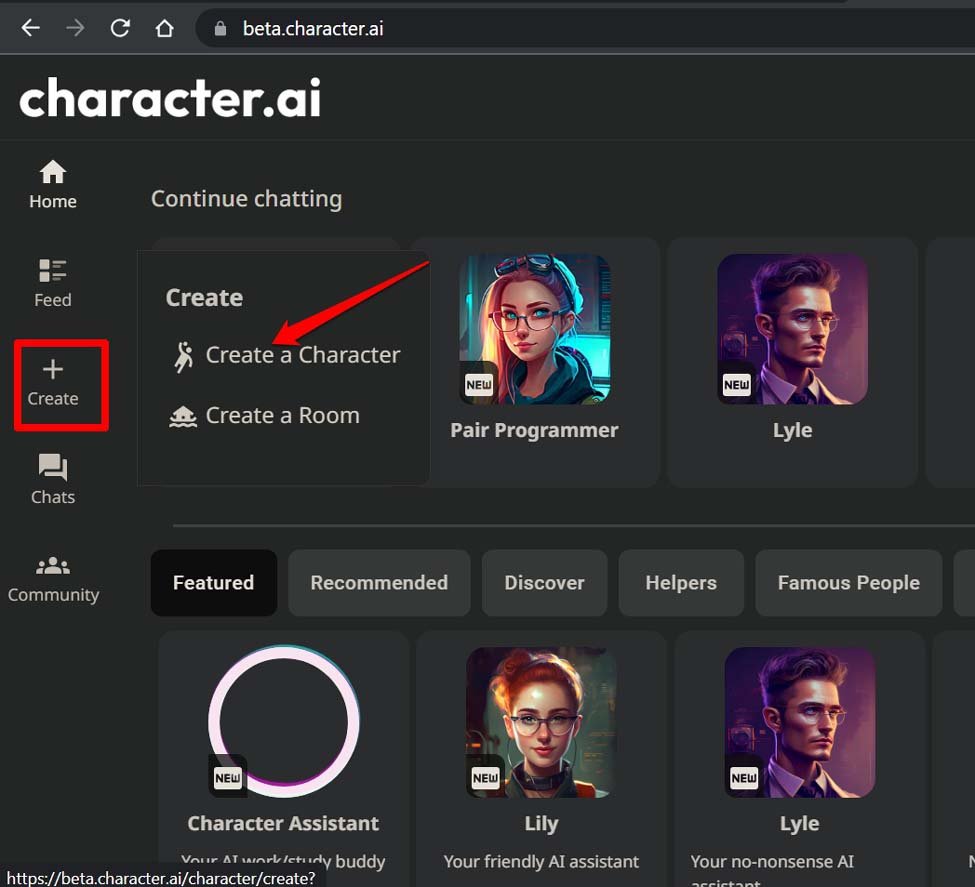 создать персонажа в Character AI