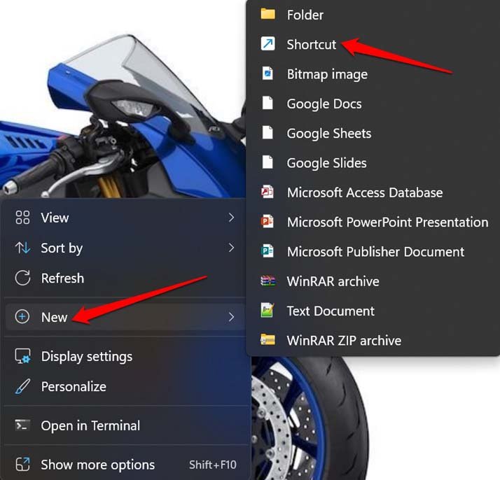 create a new Shortcut in Windows 11