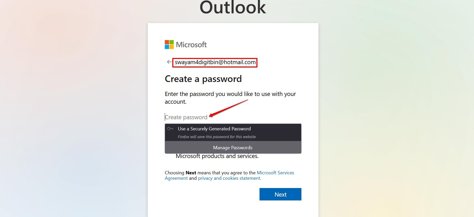 create a password for hotmail account