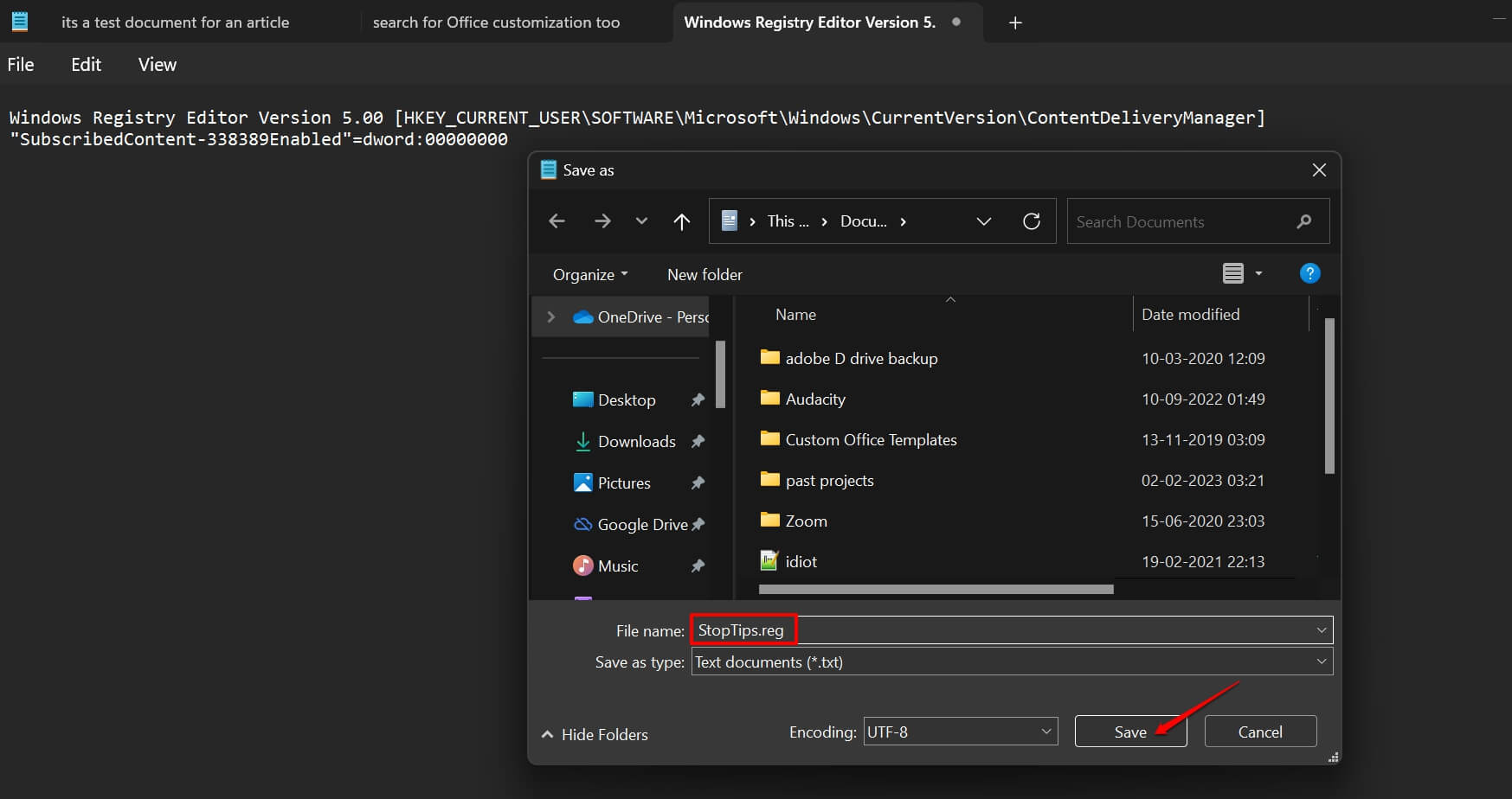 create-a-registry-script to turn off suggestions in Windows 11