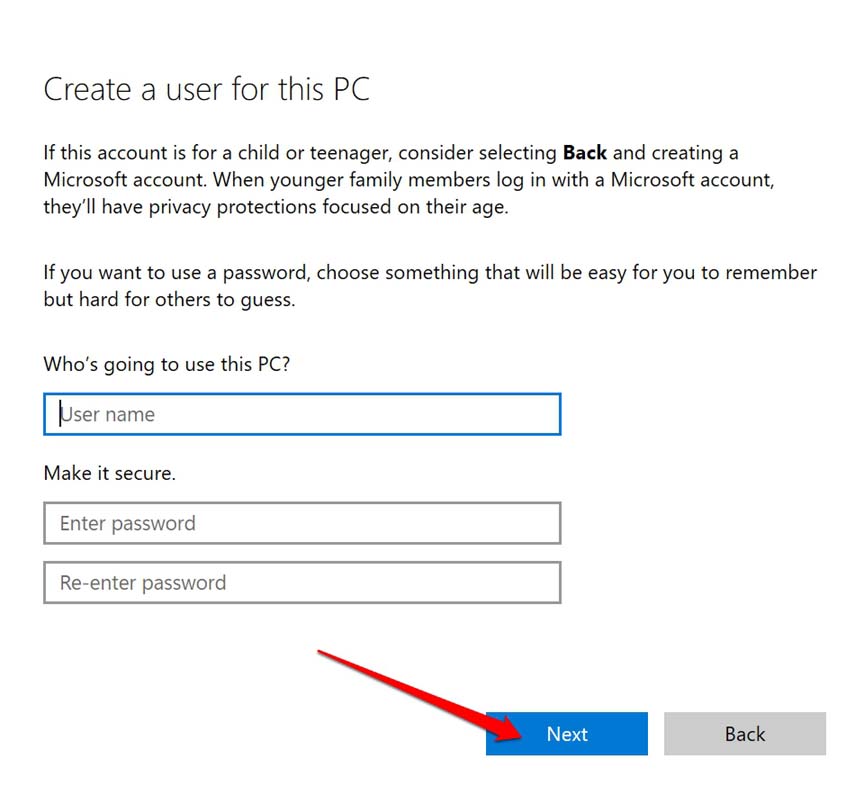 create credentials for new Windows account