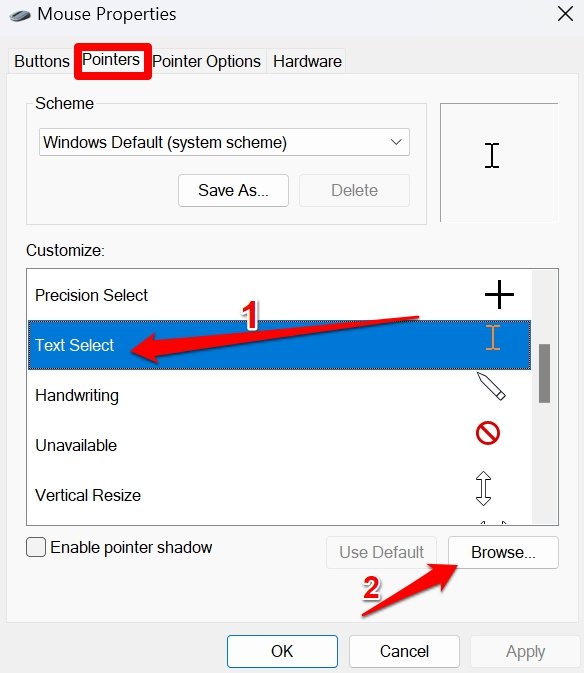 customize text select in Mouse settings