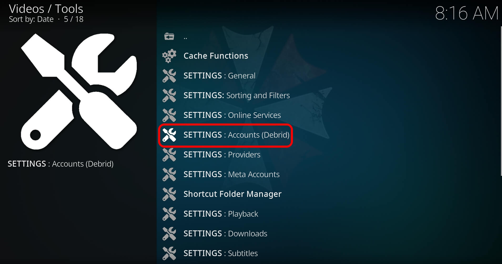 debrid account settings in Kodi for specific addon