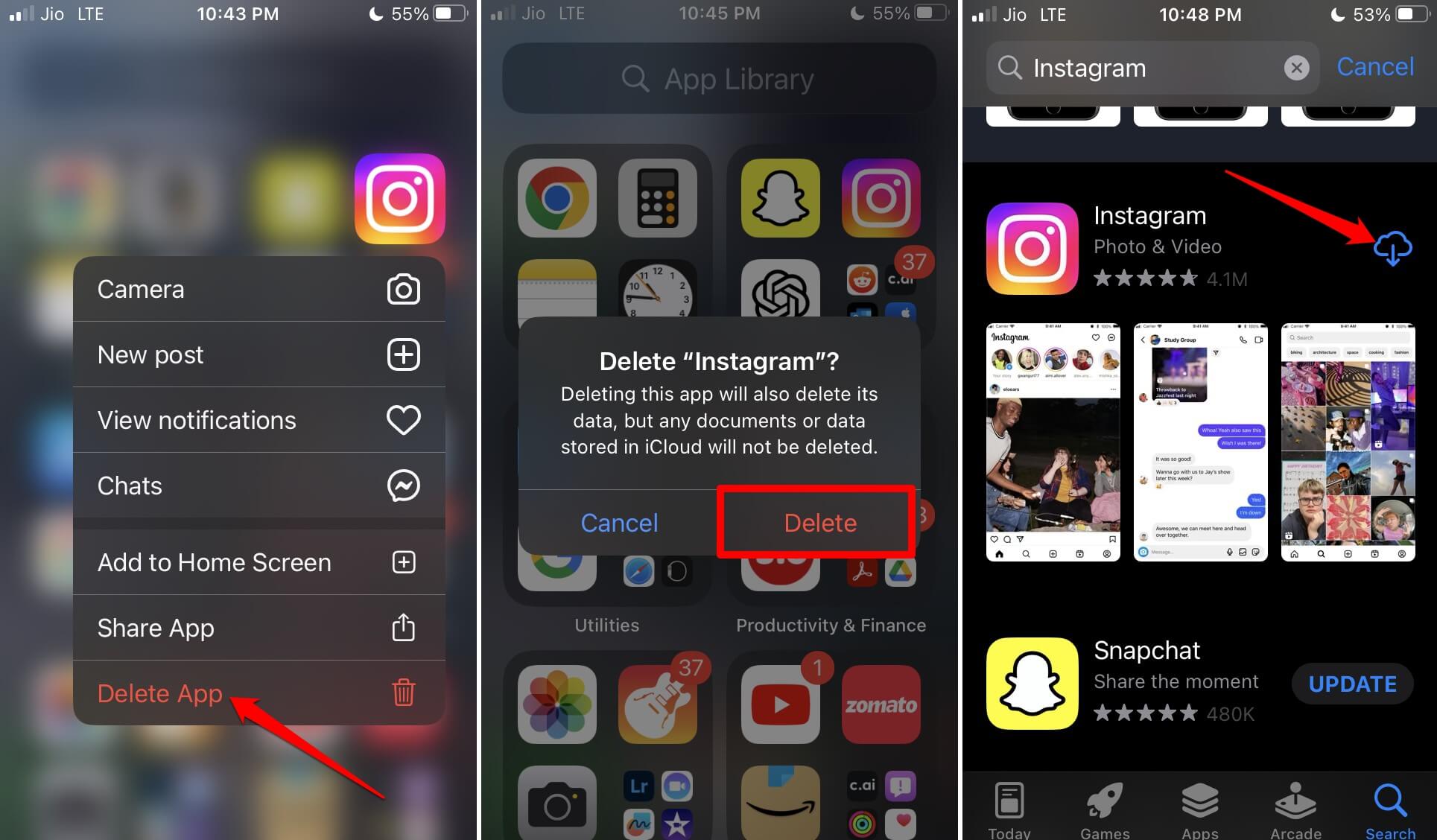удалить Instagram с iPhone и переустановить приложение